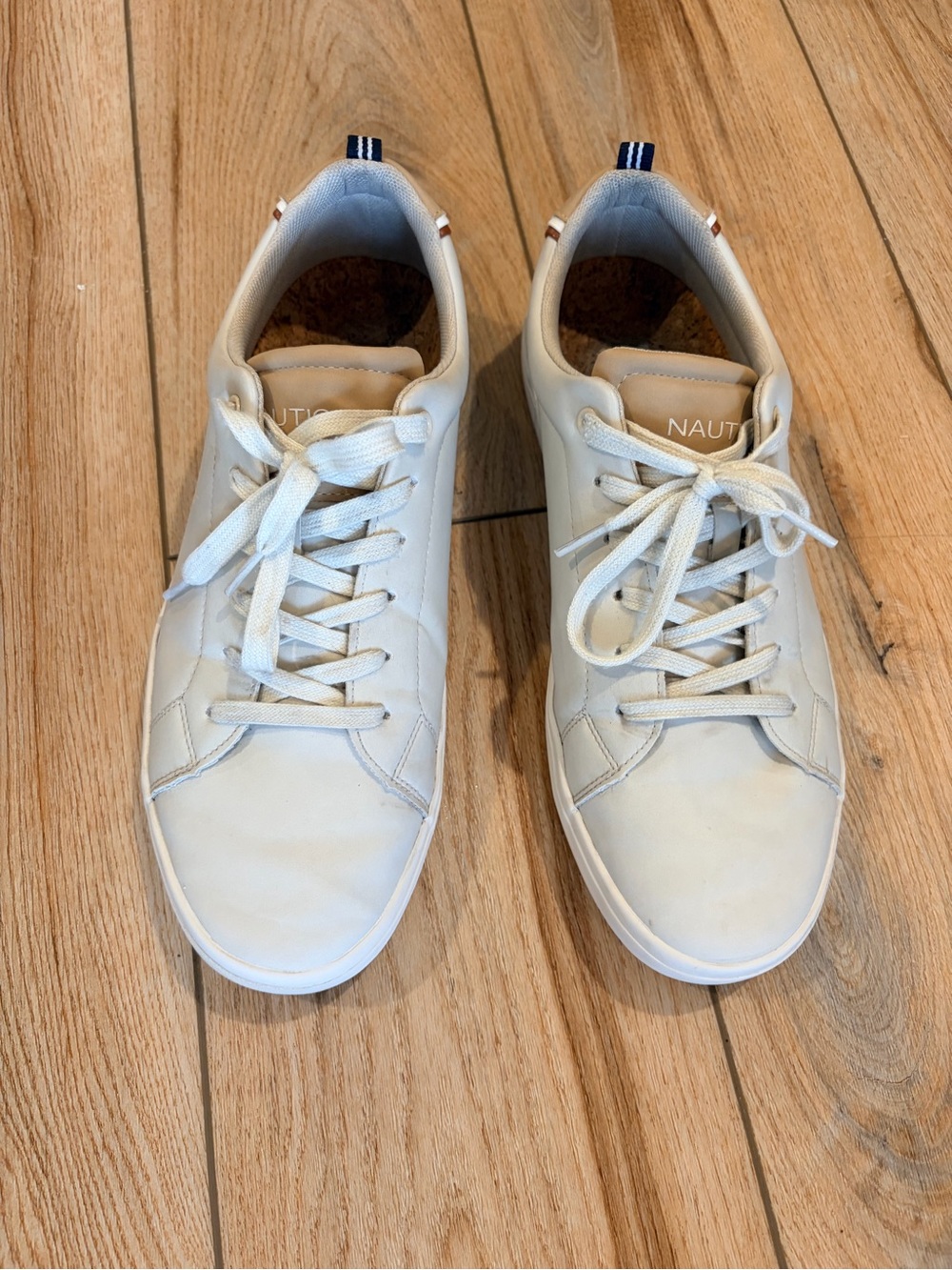 Nautica Men’s White Low-Top Leather Sneakers with Navy Heel Tabs